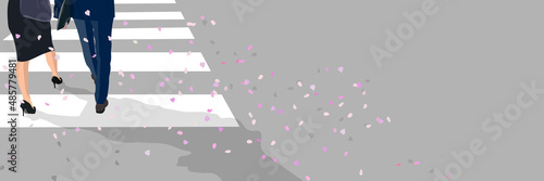 The falling cherry blossom petals. Men and women crossing the pedestrian crossing. work, business, new employees, vector illustration, sign, background banner, graphic