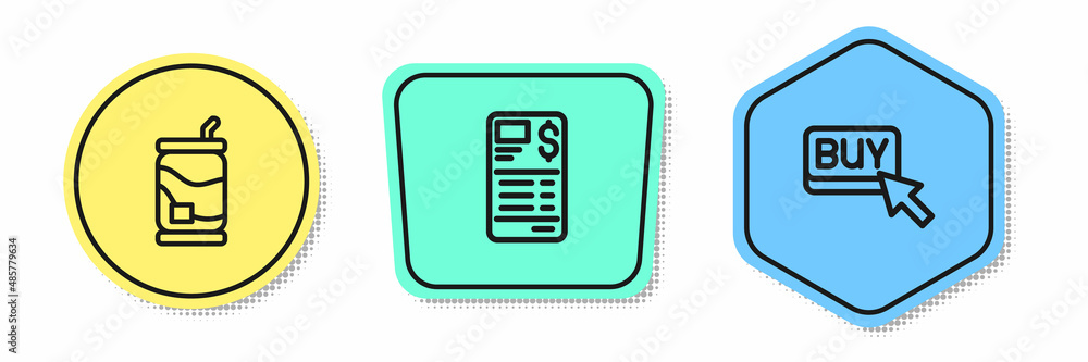 Set line Soda can, Paper or financial check and Buy button. Colored shapes. Vector Set line Soda can, Paper or financial check and Buy button. Colored shapes. Vector