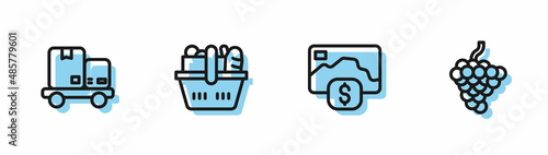 Set line Credit card, Hand truck and boxes, Shopping basket food and Grape fruit icon. Vector