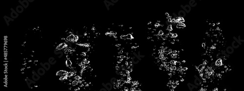 small air water bubbles or soda floating up to water surface. Gas power in carbonate refreshing on black background