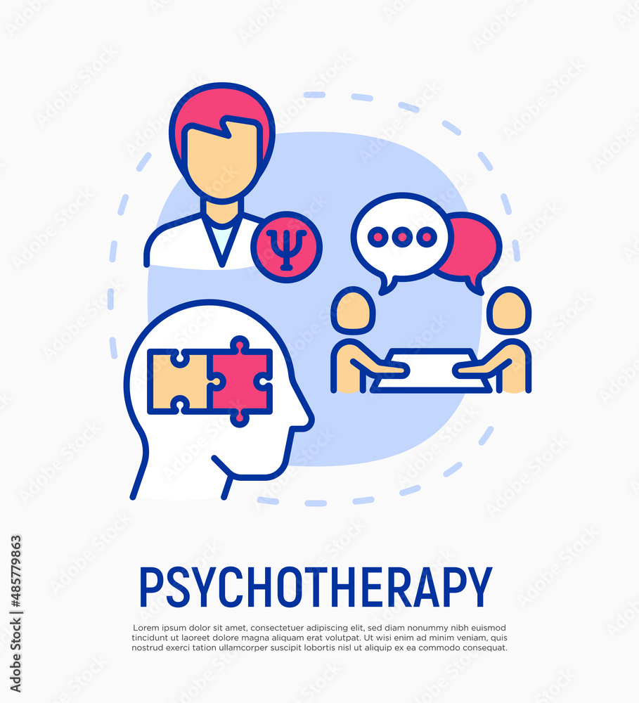 Psychotherapy concept with thin line icons, psychoanalysis with professional, support and solution mental problems, connect puzzle in head. Vector illustration.