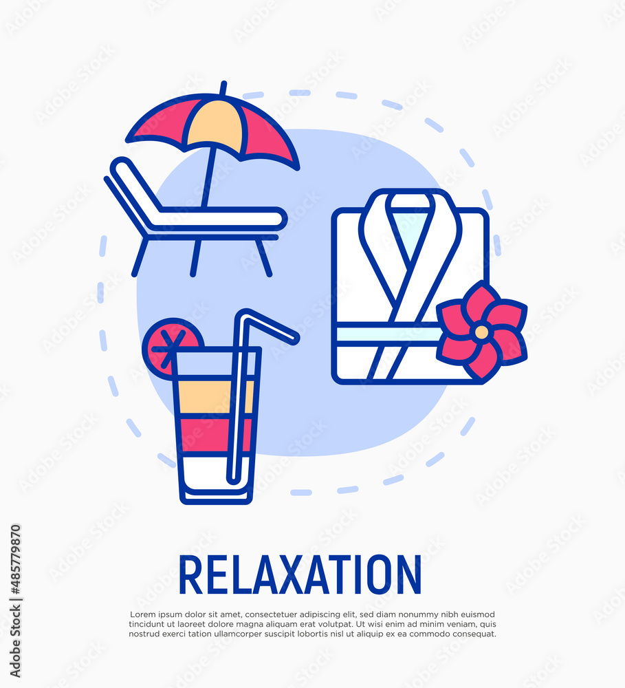 Relaxation concept with thin line icons, spa treatment, beach vacation, smoothie shake, bathrobe. Vacation in tropic climate. Vector illustration.