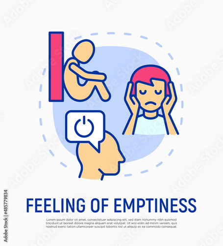 Feeling of emptiness concept with thin line icons, working fatigue, loneliness, tired man, low battery. Depression symptoms. Vector illustration.