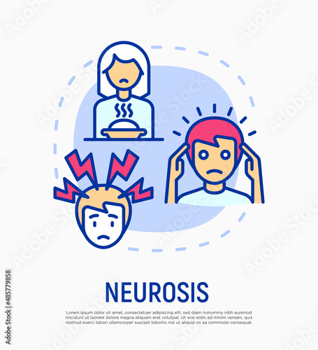 Neurosis concept with thin line icons, panic attack, loss of appetite, anxiety. Mental illness. Vector illustration.