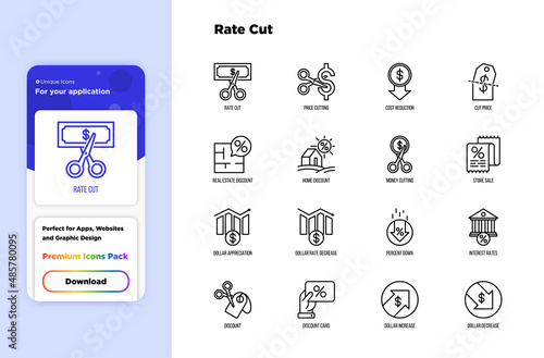 Rate cut thin line icon set: cutting price, cost reduction, sale, discount, receipt, loyalty card, interest. Modern vector illustration.