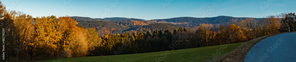 High resolution stitched panorama of a beautiful autumn or indian summer view near Perasdorf, Bavarian forest, Bavaria, Germany