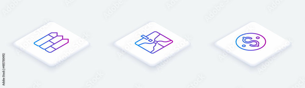Set Isometric line Pie chart infographic, Intersection point and Dollar symbol. White square button. Vector Set Isometric line Pie chart infographic, Intersection point and Dollar symbol. White square button. Vector