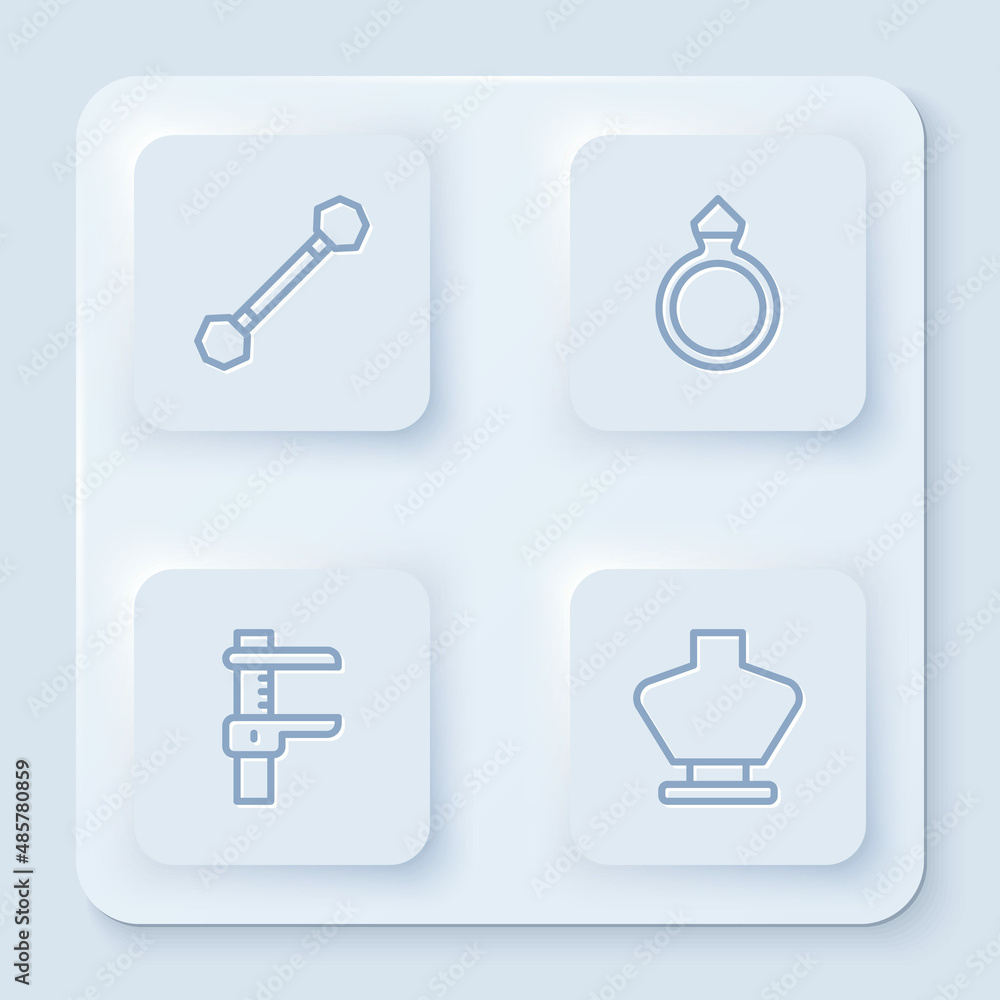 Set line Piercing, Diamond engagement ring, Calliper or caliper and scale and Necklace mannequin. White square button. Vector Set line Piercing, Diamond engagement ring, Calliper or caliper and scale and Necklace mannequin. White square button. Vector