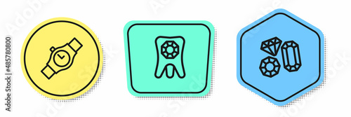 Set line Wrist watch, Tooth with diamond and Gem stone. Colored shapes. Vector