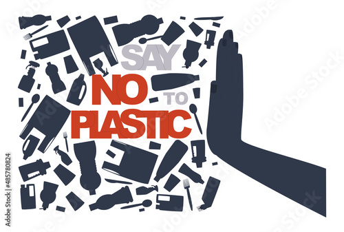 Hand stops plastic trash. Say no to plastic call. Eco banner. Flat vector illustration.
