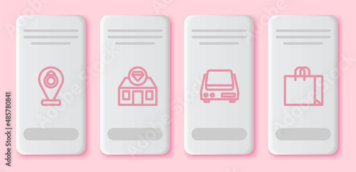 Set line Jewelry store, , Electronic jewelry scales and Shopping bag. White rectangle button. Vector