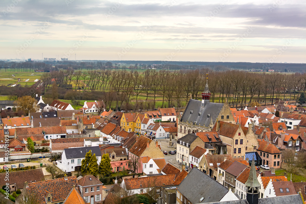 Aerial view of Damme town as seen from the top of Onze-Lieve-Vrouwekerk (Church of Our Lady)  tower, Belgium 