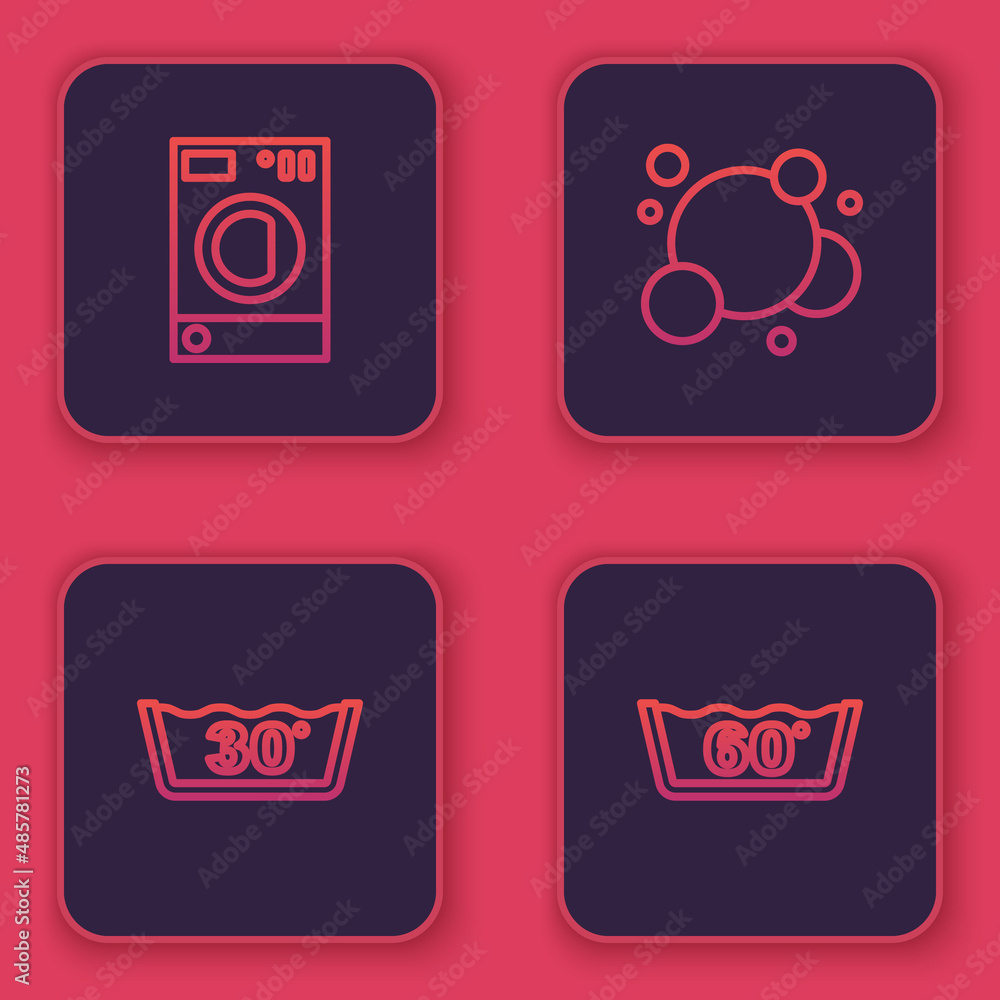 Set line Washer, Temperature wash, Soap water bubbles and . Blue square button. Vector