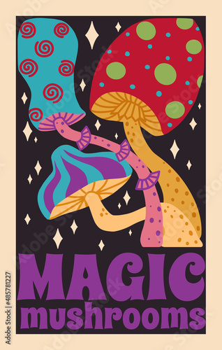1970 Psychedelic Groovy Neon Mushrooms Poster in Retro Style. Crazy, Hippie Aesthetics. Hand-Drawn Vector Illustration on Black Background.