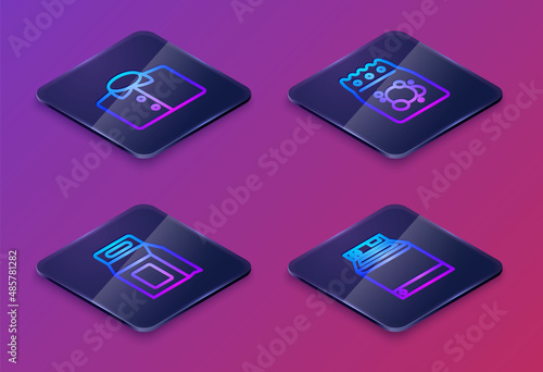 Set Isometric line T-shirt, Laundry detergent, and Washer. Blue square button. Vector