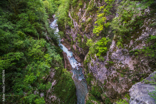 View from  Devils Bridge  at Tolmin Gorges  Triglav National Park  Triglavski Narodni Park   Slovenia  Europe