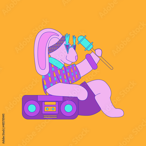 Bright illustration. Motivating poster of good rest and relaxation after work. Carefree and party in abstract and retro style. The personification of rabbits in human life
