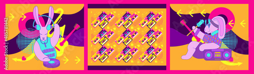 Bright illustration. Motivating poster of good rest and relaxation after work. Carefree and party in abstract and retro style. The personification of rabbits in human life