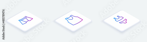Set Isometric line Men underpants, Undershirt and Swimsuit. White square button. Vector