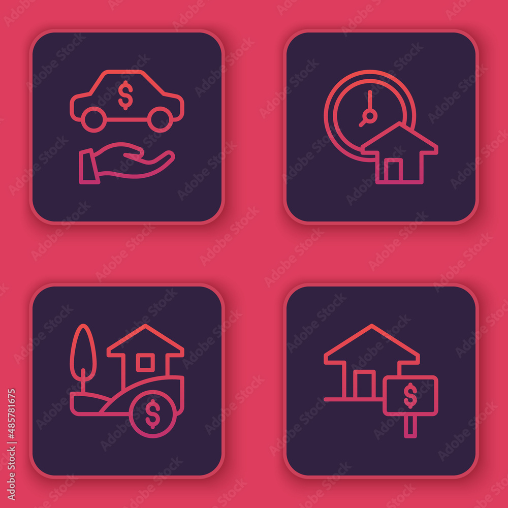 Set line Car rental, House with dollar, Time is money and . Blue square button. Vector Set line Car rental, House with dollar, Time is money and . Blue square button. Vector