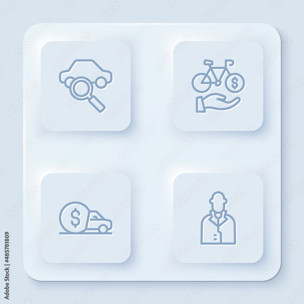Set line Car sharing, Bicycle rental mobile app, and Realtor. White square button. Vector Set line Car sharing, Bicycle rental mobile app, and Realtor. White square button. Vector