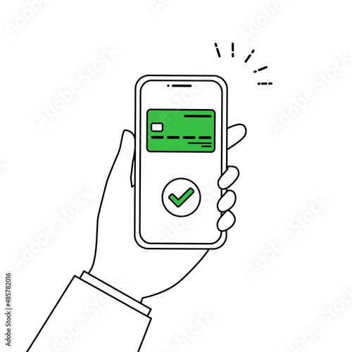スマートフォンでキャッシュレス決済、オンラインショッピングをする人々のベクターイラスト(線画,線)