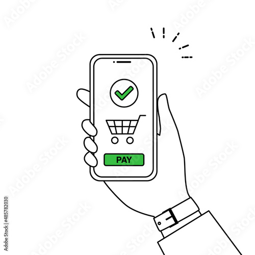 スマートフォンでキャッシュレス決済、オンラインショッピングをする人々のベクターイラスト(線画,線)