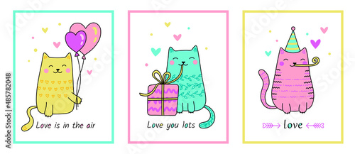 Collection of Valentine`s Day Cards with Cute Cats. Funny pets with hearts, gifts, balloons, quotes. Celebration February 14. Hand drawn vector illustration in cartoon style. Isolated on white.