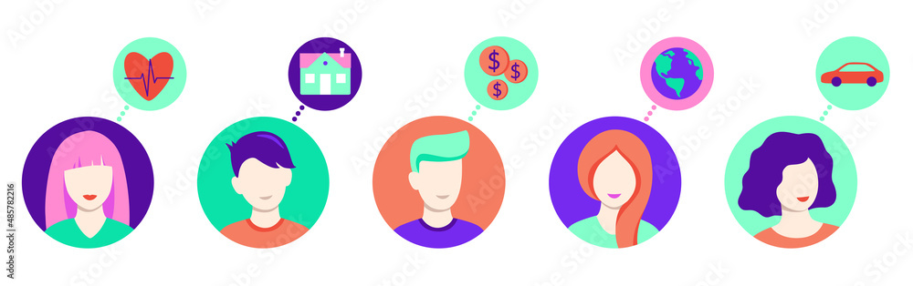 People think about their problems. User portraits. Male and female avatars and symbols - money, car, house, health, globe. Round icons. Flat cartoon vector illustration, isolated on white background. People think about their problems. User portraits. Male and female avatars and symbols - money, car, house, health, globe. Round icons. Flat cartoon vector illustration, isolated on white background.