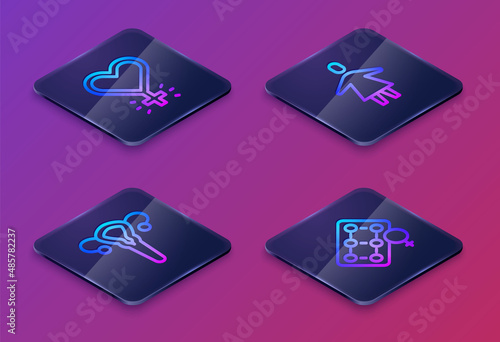 Set Isometric line Feminism, Female reproductive system, and Packaging of birth control pills. Blue square button. Vector