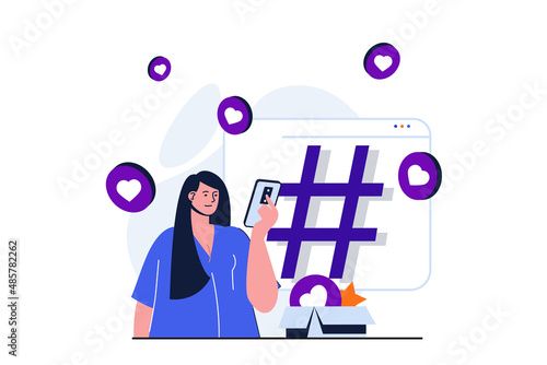 Social network modern flat concept for web banner design. Woman browses news feed on social networks, uses hashtags and likes posts, communicates online. Vector illustration with isolated people scene