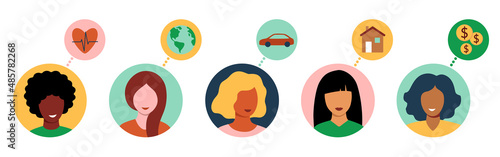 Women think or dream about money, car, house, love, travel. Circle avatars with female portraits of different races. Round icons with smiling persons. Isolated flat cartoon vector illustration.