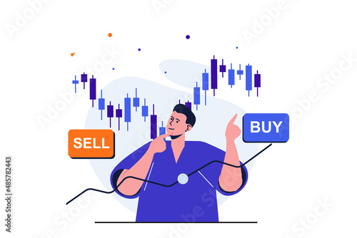 Stock market modern flat concept for web banner design. Male trader buys and sells on stock exchange, analyzes charts and statistics, invests money. Vector illustration with isolated people scene