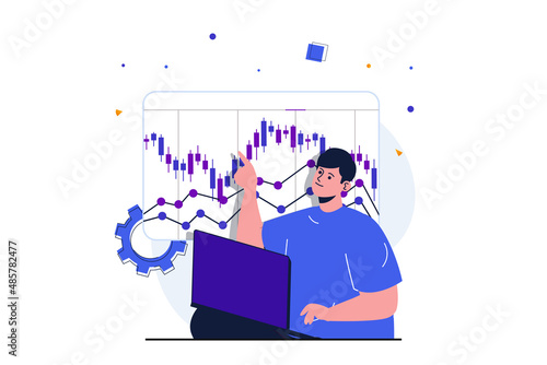 Stock market modern flat concept for web banner design. Man analyzes financial charts and statistics, invests money and earns income on stock exchange. Vector illustration with isolated people scene