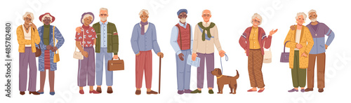 Happy stylish senior people, man and woman wearing modern clothes elderly people flat cartoon characters. Vector grandmother grandfather in fashionable outfits. Pensioners cool lifestyle retirement