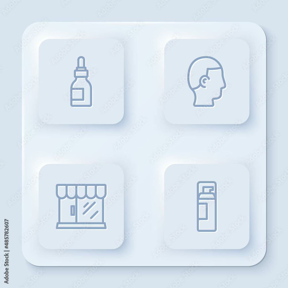 Set line Oil bottle, Hairstyle for men, Barbershop building and Shaving gel foam. White square button. Vector Set line Oil bottle, Hairstyle for men, Barbershop building and Shaving gel foam. White square button. Vector