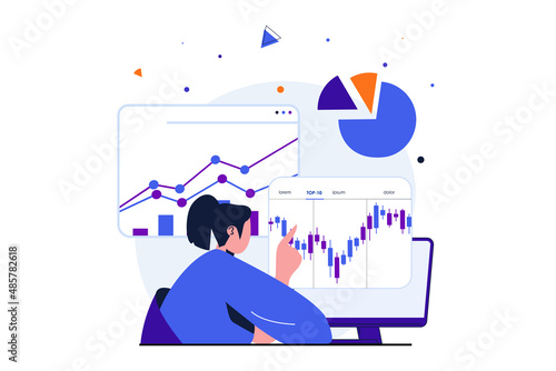 Stock market modern flat concept for web banner design. Woman is engaged in trading, analyzes financial data with growth trend and bargain invests money. Vector illustration with isolated people scene