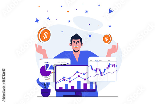 Stock market modern flat concept for web banner design. Successful trader earns money on profitable trades, analyzes financial data and statistics. Vector illustration with isolated people scene