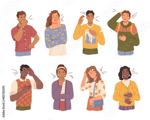 Man and woman laughing and expressing positive emotions. Vector male and female excited and giggling, carefree and hilarious. Youth joking and mocking. Flat cartoon young characters set illustration