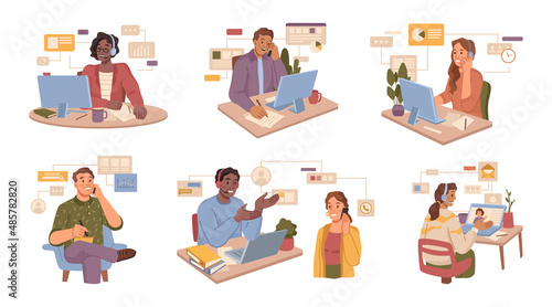People working with clients and customers communicate over phone isolated flat cartoon characters at work set. Vector workers with laptops and computers, video conference or meeting with team