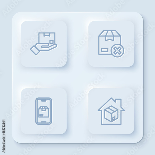 Set line Delivery hand with box, Carton cardboard, Mobile app delivery tracking and Home services. White square button. Vector