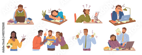 Man and woman stressed and annoyed of work. Vector employees with broken computers showing error, tension at workplace and disputes with colleagues. Conflicts and overworking. Flat cartoon character