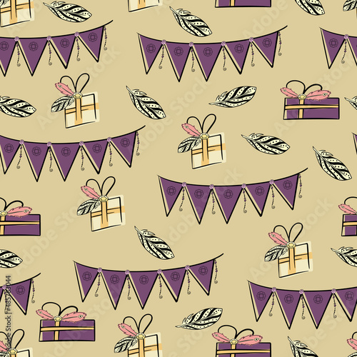 Happy birthday seamless pattern. Colorful illustration for the design of textiles, fabric, children's room. Bright vector illustration in boho style
