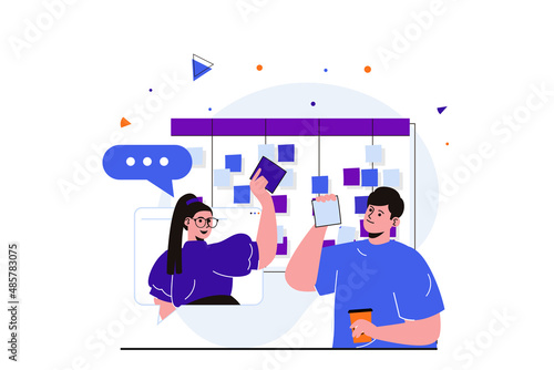 Teamwork modern flat concept for web banner design. Woman and man work together and complete tasks. Time management and workflow organization in office. Vector illustration with isolated people scene