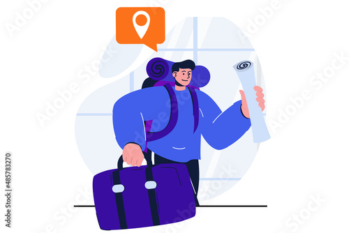 Fototapeta Naklejka Na Ścianę i Meble -  Traveling modern flat concept for web banner design. Man with backpack and luggage goes on trip. Tourist go on vacation for recreation and sightseeing. Vector illustration with isolated people scene