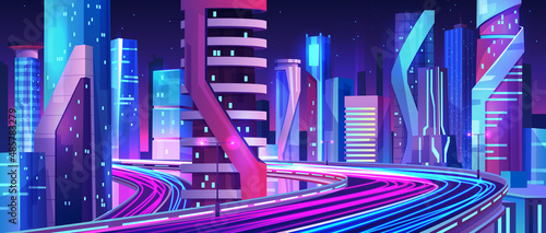 Architecture and exterior look of buildings in futuristic city. Vector cityscape with skyscrapers and contemporary roads and streets. Skyline with downtown business center design, fiction world