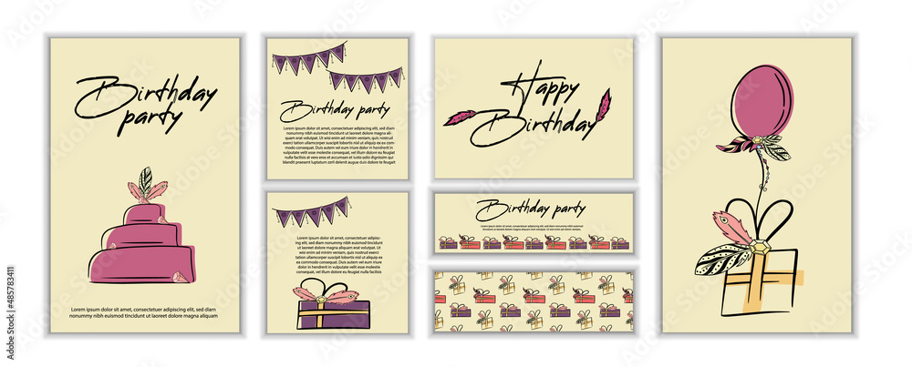 Happy birthday card with boho elements, feathers, flags, arrows and balloons.