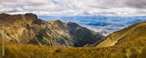 Panoramic view of Quito  seen from Pichincha Volcano  Quito  Pichincha Province  Ecuador  South America