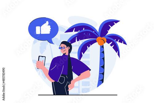 Traveling modern flat concept for web banner design. Woman traveler walks under palm trees on tropical island. Tourist goes on vacation to sea resort. Vector illustration with isolated people scene