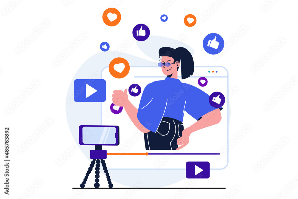 Video blogging modern flat concept for web banner design. Woman records video on mobile phone, publishes content and attracts new audience to blog. Vector illustration with isolated people scene Video blogging modern flat concept for web banner design. Woman records video on mobile phone, publishes content and attracts new audience to blog. Vector illustration with isolated people scene